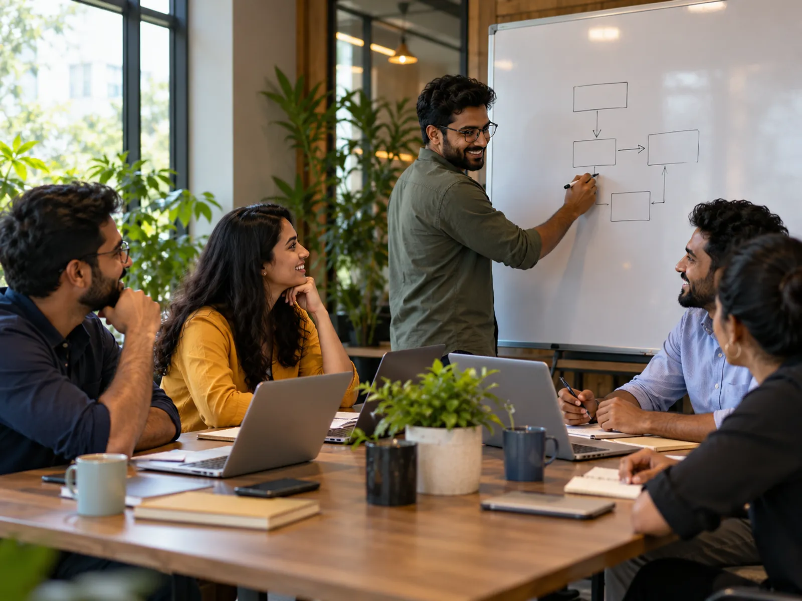 A small team in a whiteboard workshop, mapping out a plan together.