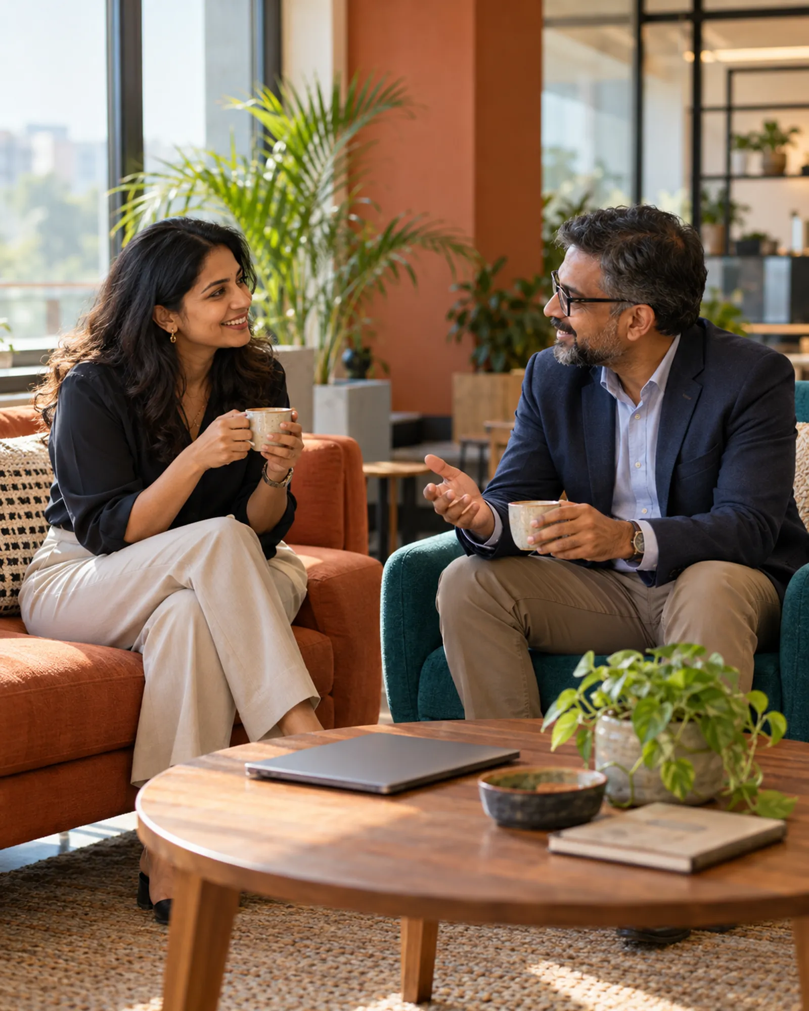 Two professionals in a relaxed first conversation over chai in a modern office lounge.