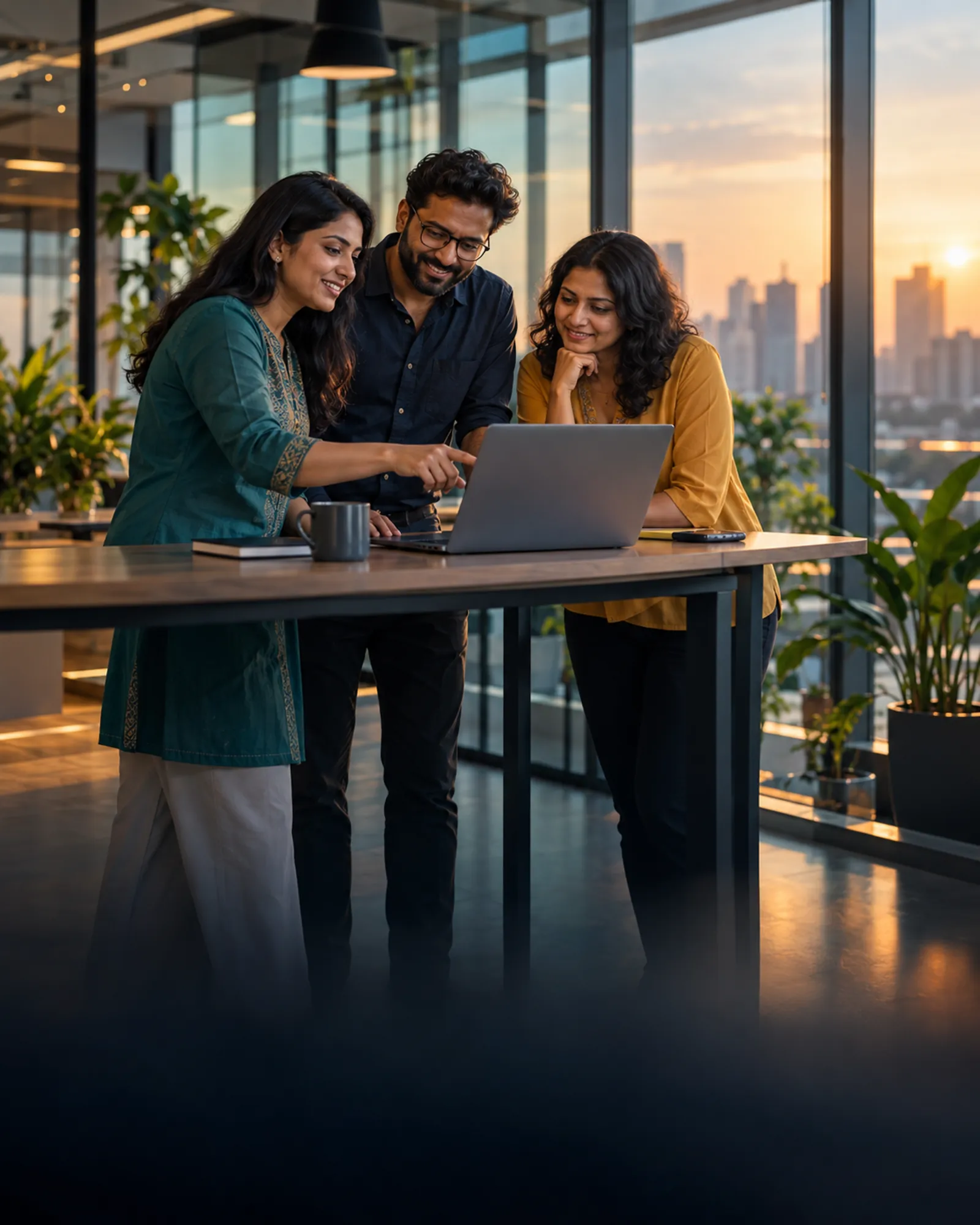 A small Indian business team reviewing a project together around a laptop in a bright, modern office.