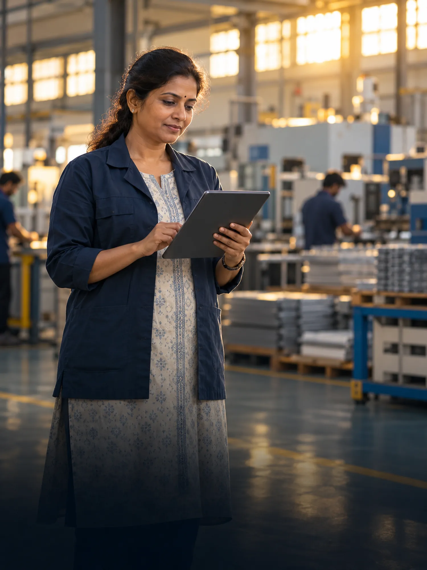 The owner of a growing manufacturing business checking operations on a tablet on the workshop floor.