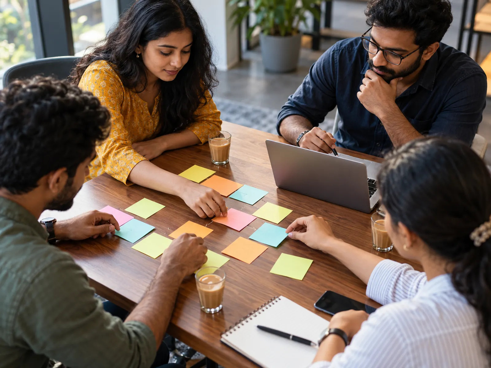A planning session with sticky notes and a laptop on a shared table.